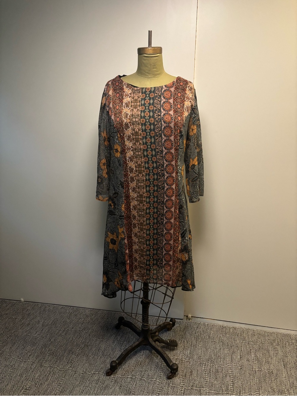 Desigual Mixed Print Midi Dress in Rust, Green and Mustard